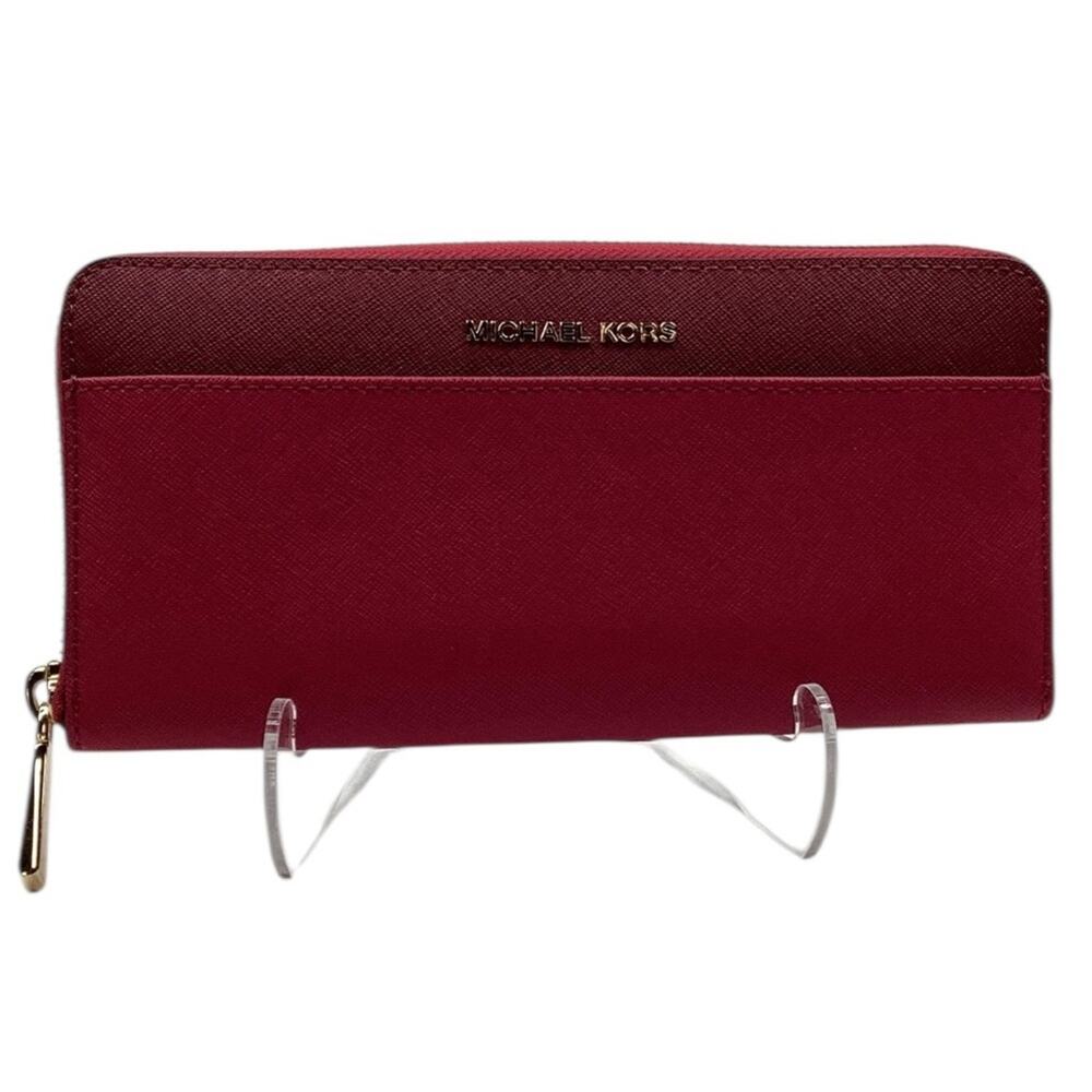 Michael Kors Two Tone Red Leather Jet Set Continental Wallet Gold Accents